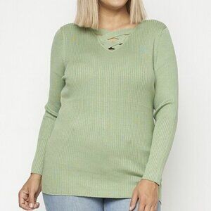 Sage Green Tea Crisscross V-neck Ribbed Sweater